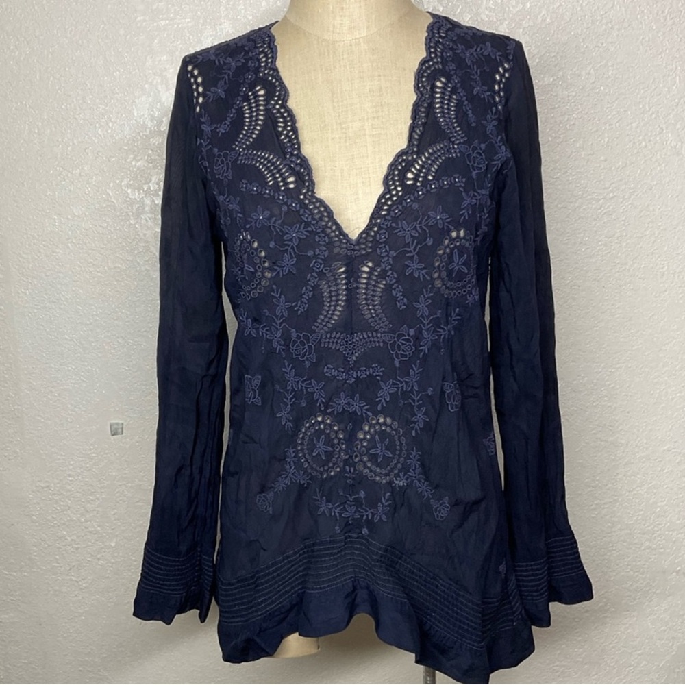 Johnny Was Navy Embroidered Blouse